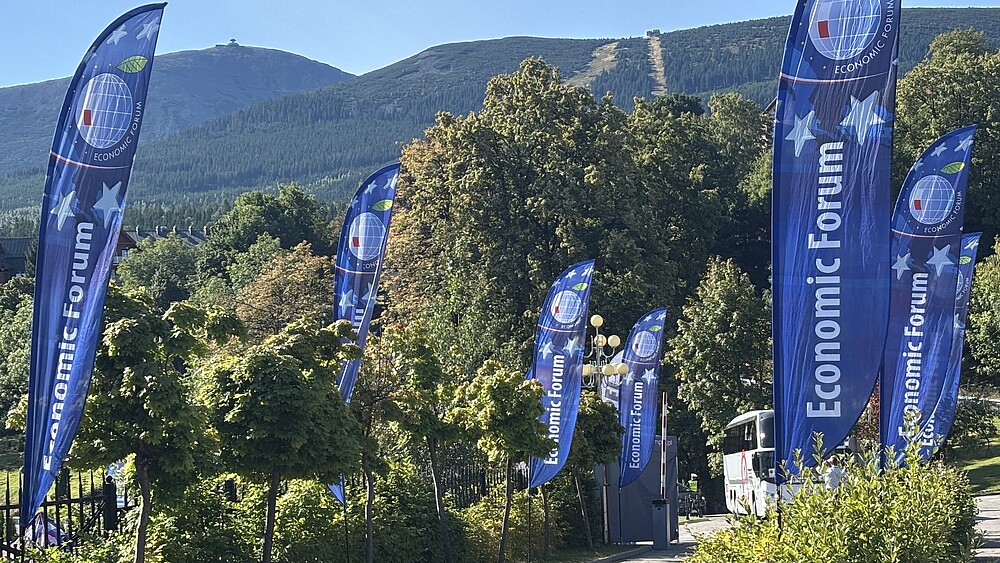 Foto: HSZG Blaue Fahnen stehen auf einen begrünten Fläche, im Hintergrund ragt der Berg Schneekoppe auf.